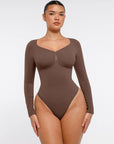 Seamless Long Sleeve Tummy Control Thong Bodysuit with Chest Support