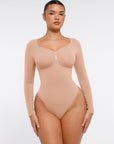 Seamless Long Sleeve Tummy Control Thong Bodysuit with Chest Support