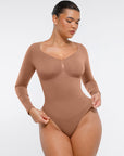 Seamless Long Sleeve Tummy Control Thong Bodysuit with Chest Support