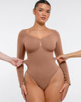 Seamless Long Sleeve Tummy Control Thong Bodysuit with Chest Support