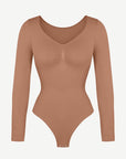 Seamless Long Sleeve Tummy Control Thong Bodysuit with Chest Support