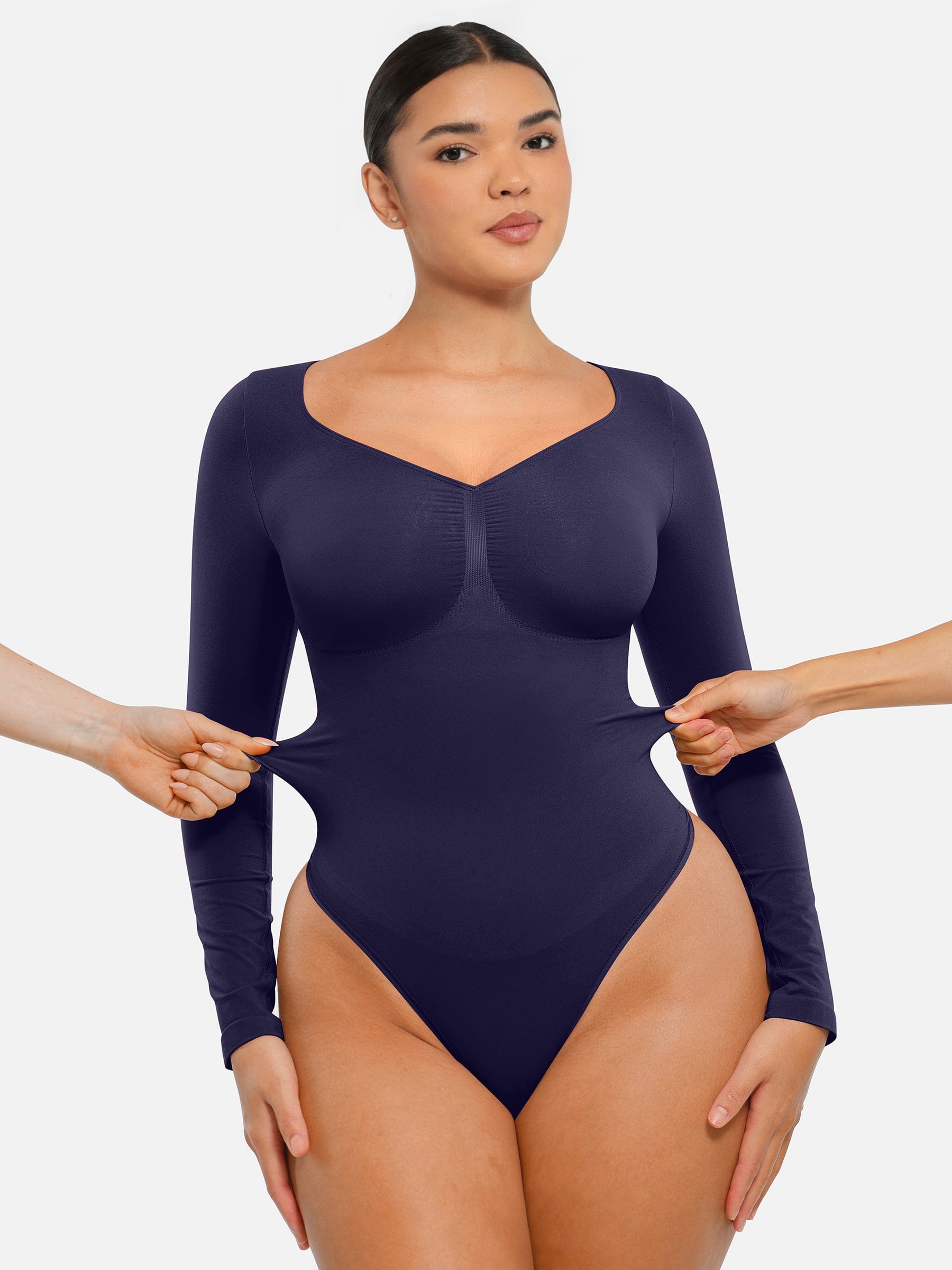 Seamless Long Sleeve Tummy Control Thong Bodysuit with Chest Support