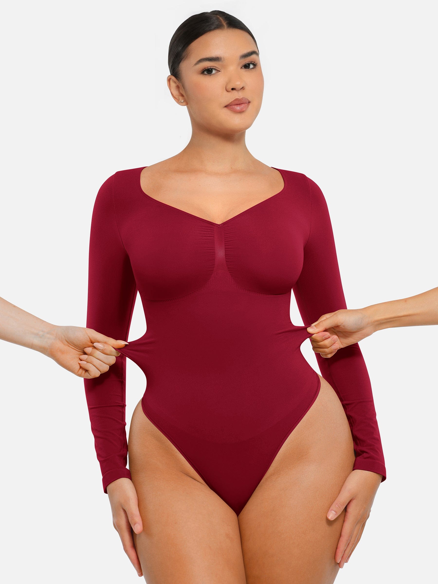 Seamless Long Sleeve Tummy Control Thong Bodysuit with Chest Support