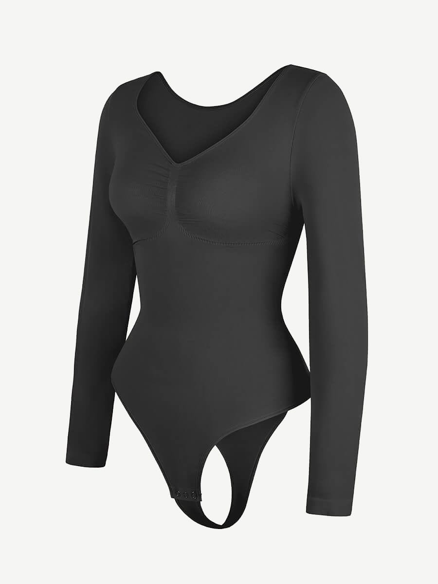 Seamless Long Sleeve Tummy Control Thong Bodysuit with Chest Support