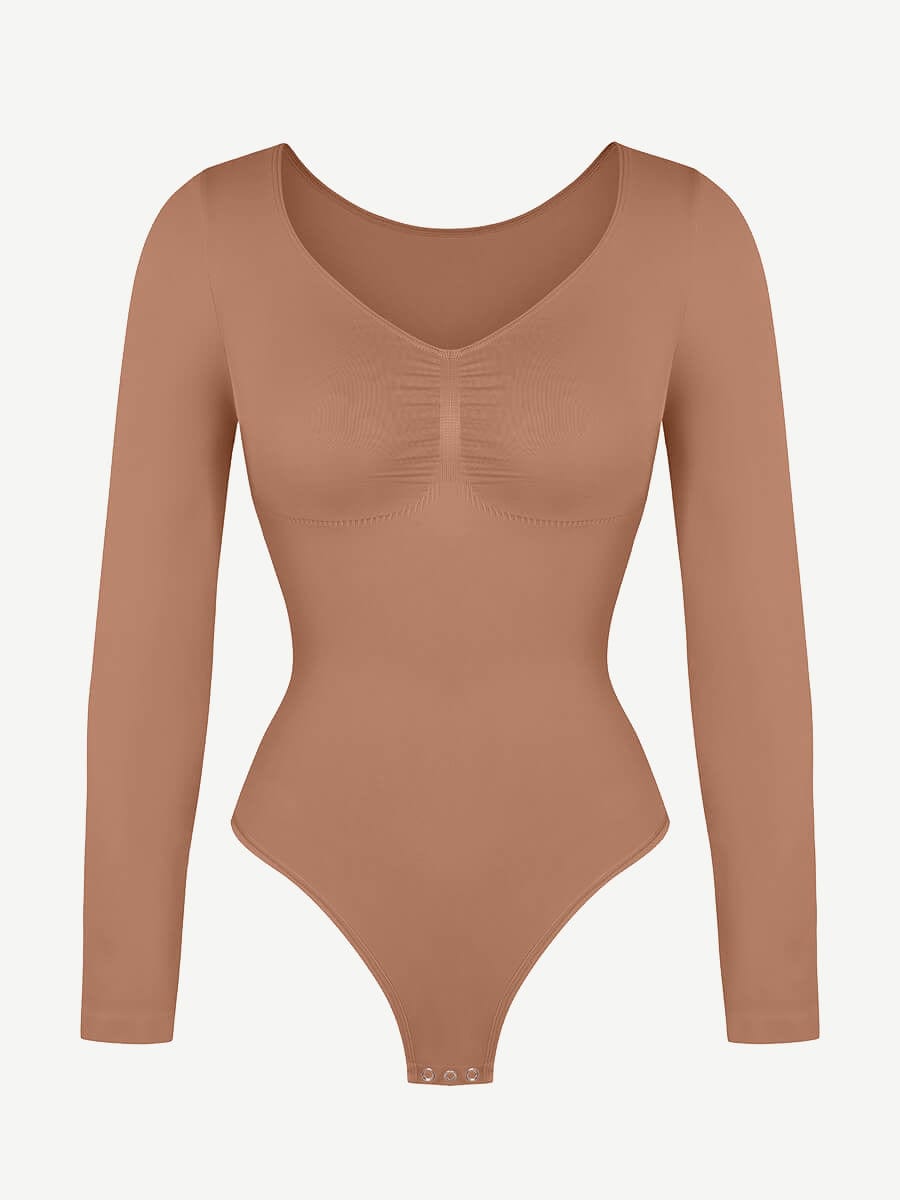 Seamless Long Sleeve Tummy Control Thong Bodysuit with Chest Support