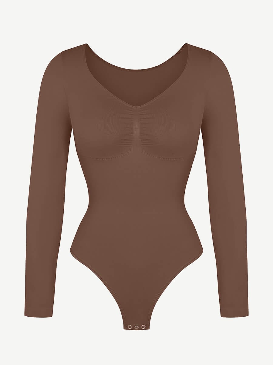 Seamless Long Sleeve Tummy Control Thong Bodysuit with Chest Support