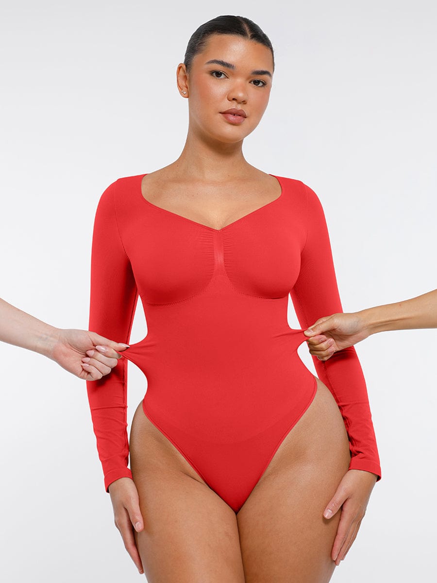 Seamless Long Sleeve Tummy Control Thong Bodysuit with Chest Support